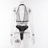 Fishnet Plunge PU Patchwork Chain Sexy Teddies Lingerie Bodysuit