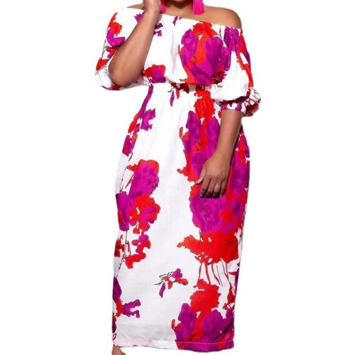 Sexy Floral Print White Elastic Waist Plus Size Maxi Dress