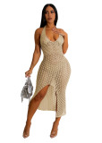 Sexy Solid Knit Jacquard Halter Sleeveless Sexy Beach Dress