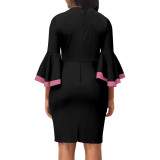 Fashion Digital Print Bell Bottom 3/4 Sleeve Office Dress