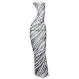 Zebra Print Sexy Mesh See-Through Cutout Sleeveless Bodycon Maxi Dress