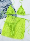Solid Three-Piece Swimwear Fishnet Cover-Up Skirt with Bikini Set
