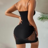 Sexy Black Mesh High Stretch Fishnet Hollow Out Strapless Night Dress