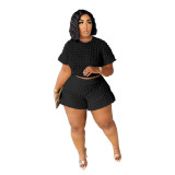 Plus Size Solid Casual Short Sleeve Crop Top and Shorts Set