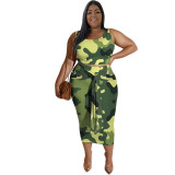 Plus Size Two Piece Printed Crop Tank Top Two-Piece Casual Skirt Set