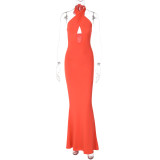 Solid Sexy Low Back Cutout Slim Halter Mermaid Maxi Dress