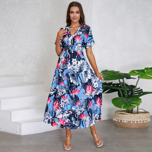 Floral Print V-neck Short-sleeve Holiday Dress