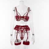 Floral Lace See-Through Thin Sexy Garter 3PCS Lingerie Set