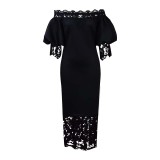 Women's Off Shoulder Puff Sleeve Lace Patchwork Long Party Dress