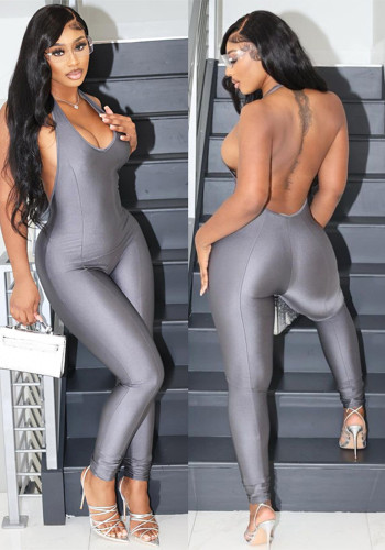 Sexy Gray Halter Neck Low Back Slim Fit Jumpsuit