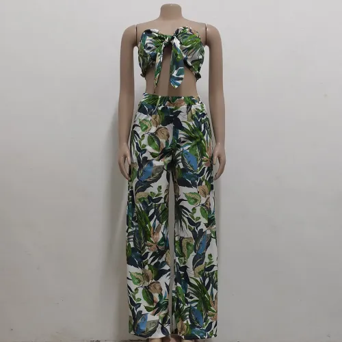 Women Leaf Print Knot Bandeau Top Two Piece Pants Set