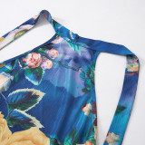 Floral Print Sleeveless Halter Backless Mesh Maxi Dress