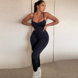 Solid V Neck Low Back Bodycon Cami Jumpsuit