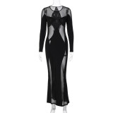 Sexy Mesh See-Through Patchwork Slim Round Neck Long Sleeve Maxi Dress