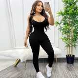 Solid V Neck Low Back Bodycon Cami Jumpsuit