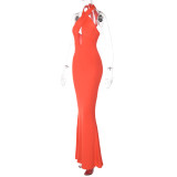 Solid Sexy Low Back Cutout Slim Halter Mermaid Maxi Dress