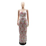 Floral Cross Back V-neck Cami Long Pleated Dress
