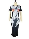 Trendy Print Round Neck Short Sleeve Bodycon Maxi Dress