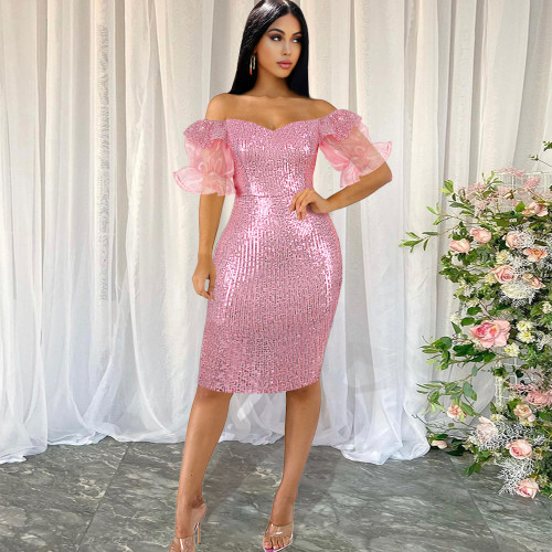 Pink Sequin Off Shoulder Slit Party Dress