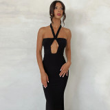 Solid Sexy Low Back Cutout Slim Halter Mermaid Maxi Dress