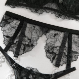 Sexy Lingerie Black Embroidered See-Through Chain Garter Bra Set