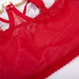 Red PU Leather Mesh Patchwork Chain Underwear Lingerie Set