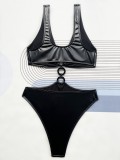 Black PU Leather O-Ring Sexy Bikini Swimsuit