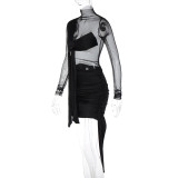 Black Sexy Mesh Patchwork See-Through Long Sleeve Ruched Bodycon Dress