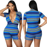 Multi-Color Striped Fashion Sexy Deep-V Short Sleeve Rompers