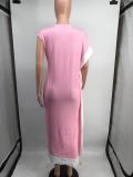 Ladies Print Contrast Color Round Neck Asymmetric Long Dress