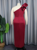Wine Red Slash Shoulder Sleeveless Lace Patchwork Irregular Evening Dresses