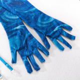 Sexy 5PCS Lingerie See-Through Printed Gloves Garter Bra Set with Gloves Stocking