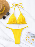 Solid Ribbed Halter Simple Bikini Set