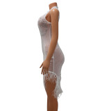 Sexy Mesh Beaded Rhinestone See-Through Feather Trim Sleeveless Club Dress