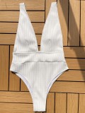 Solid Ribbed Plunge Neck One Piece Swimwear