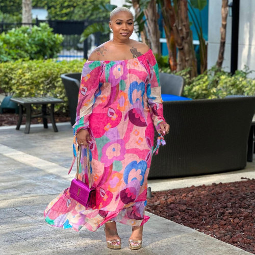Sexy Printed Off Shoulder Loose Plus Size Maxi Dress