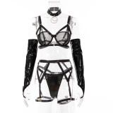 Sexy Black Hollow Out PU Leather Gloves Sexy Lingerie Set for Ladies