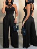 Sexy Solid Cross Neck Wide Leg Jumpsuit