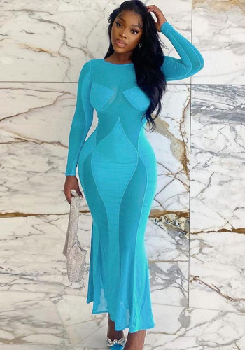 Sexy Mesh See-Through Patchwork Slim Round Neck Long Sleeve Maxi Dress