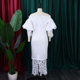 Women's Off Shoulder Puff Sleeve Lace Patchwork Long Party Dress