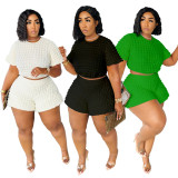 Plus Size Solid Casual Short Sleeve Crop Top and Shorts Set