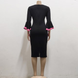 Fashion Digital Print Bell Bottom 3/4 Sleeve Office Dress