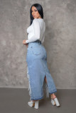 Ripped Tassels Irregular High Low Slit Denim Maxi Skirt