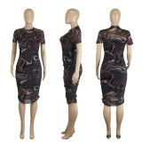 See-Through Mesh Print Short Sleeve Two Piece Midi Dress
