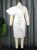 White Asymmetric Elegant Beaded Party Bodycon Dress