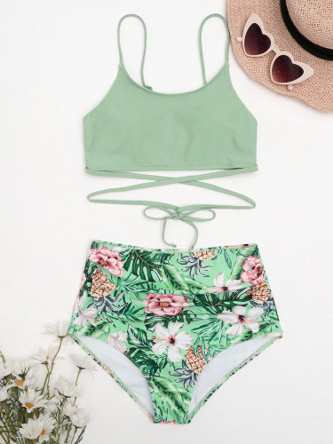 Tropical Print Contrast Lace Up Two Piece Swimwear