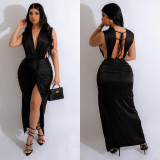 Solid Plunge Neck Sexy Hollow Out Lace-Up Sleeveless Maxi Dress