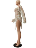 Summer Crochet Long Sleeve Off Shoulder Tassel Hollow Out Beach Dress Cover-Up