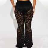 Black Sexy See-Through Lace Bell Bottom Pants