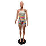 Summer Knit 2PCS Set Striped Low Back Halter Crop Top Tight Shorts Set